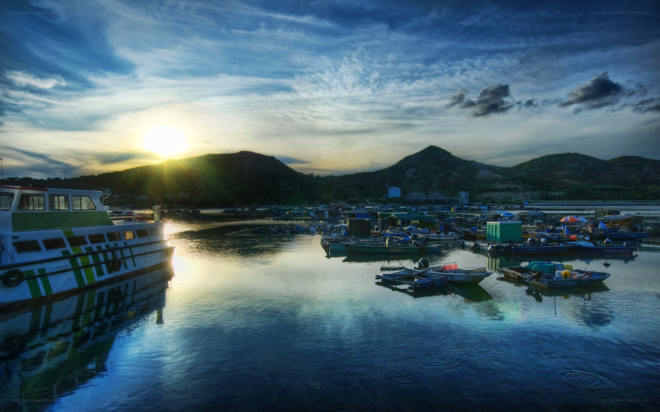 Sunset at a fishing harbor