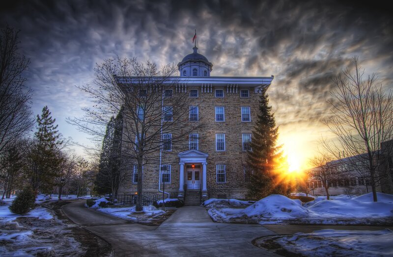 Sunset at a historic stone building
