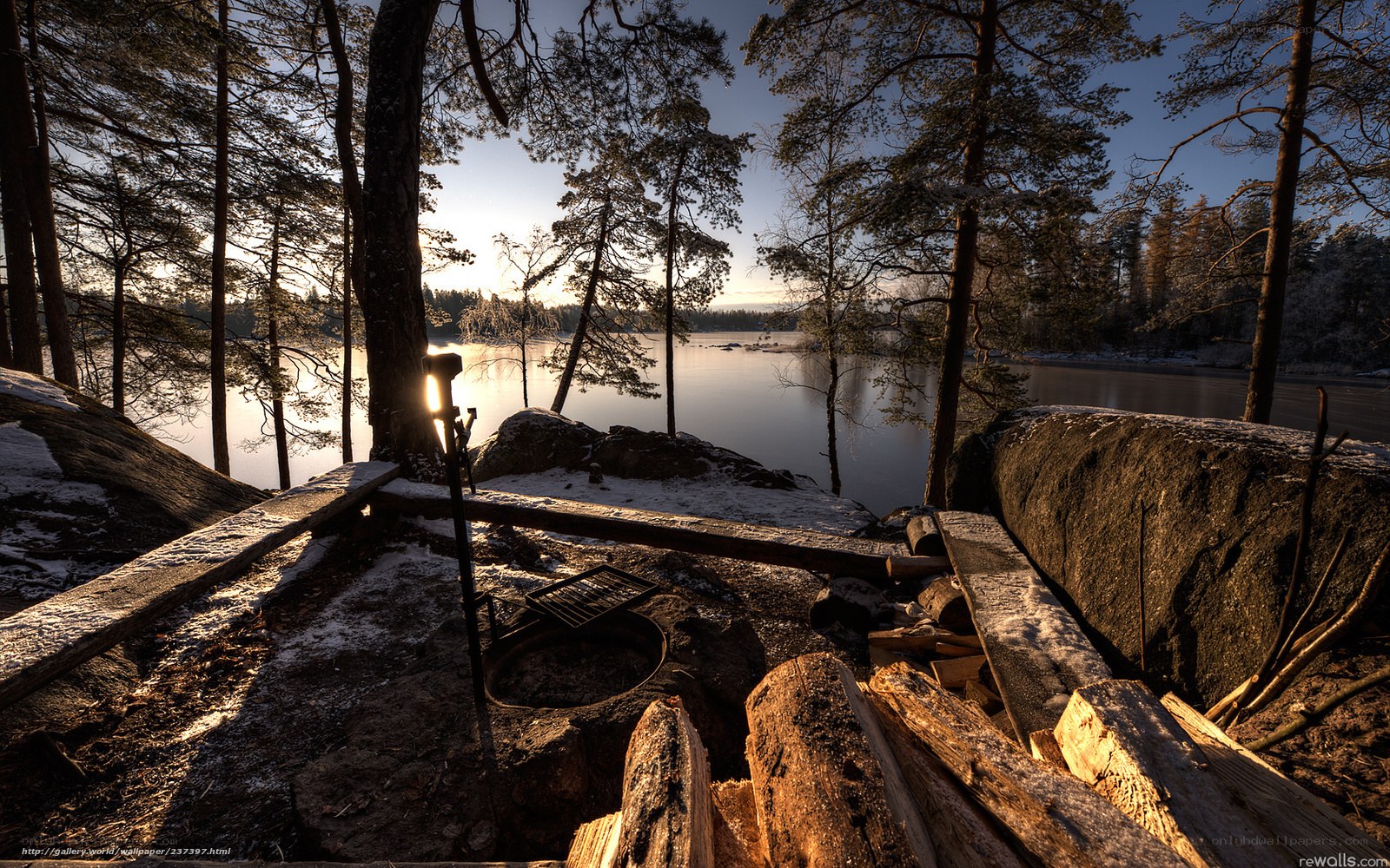 Sunset at a lakeside campsite