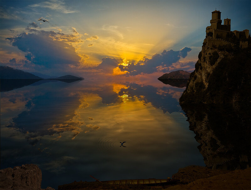 Sunset at a lakeside castle