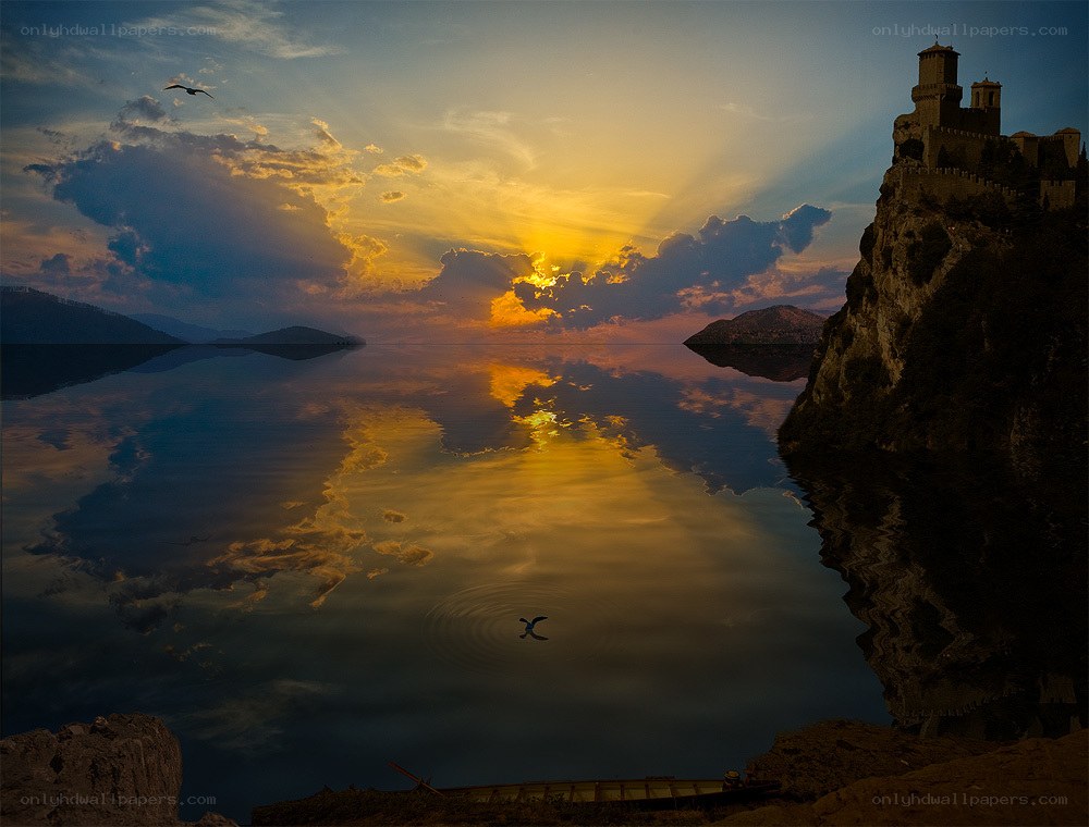 Sunset at a lakeside castle