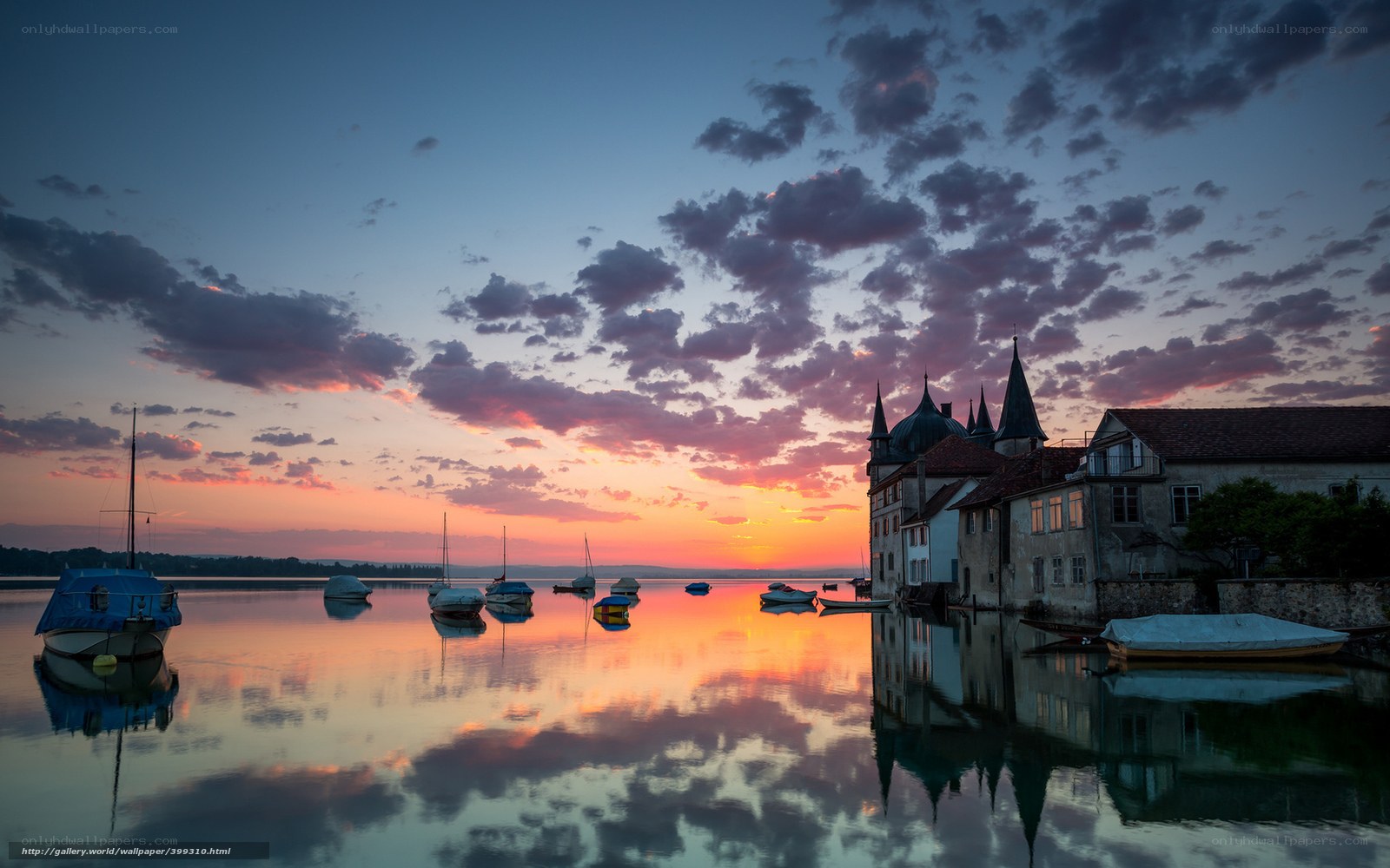 Sunset at a lakeside castle