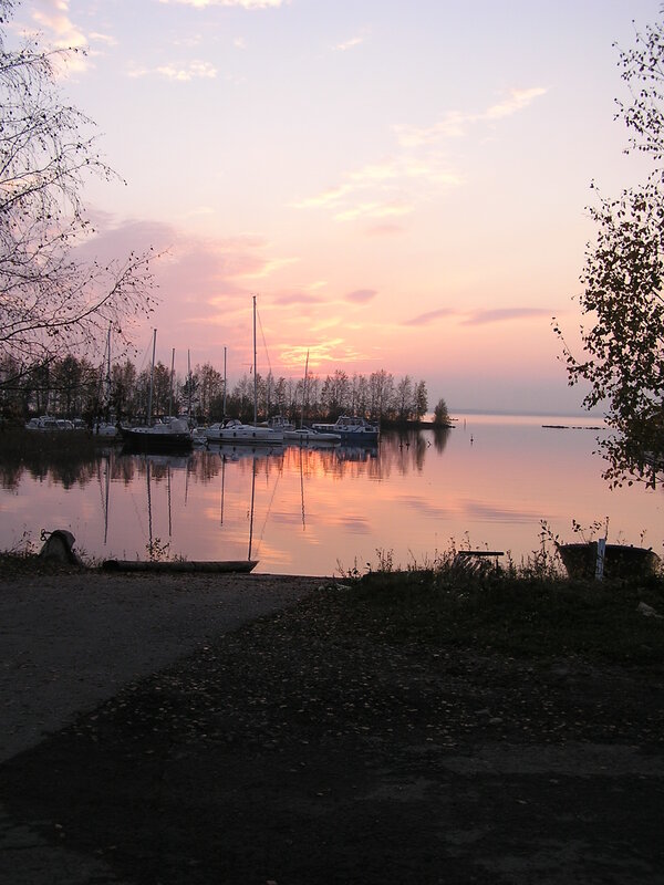 Sunset at a lakeside marina