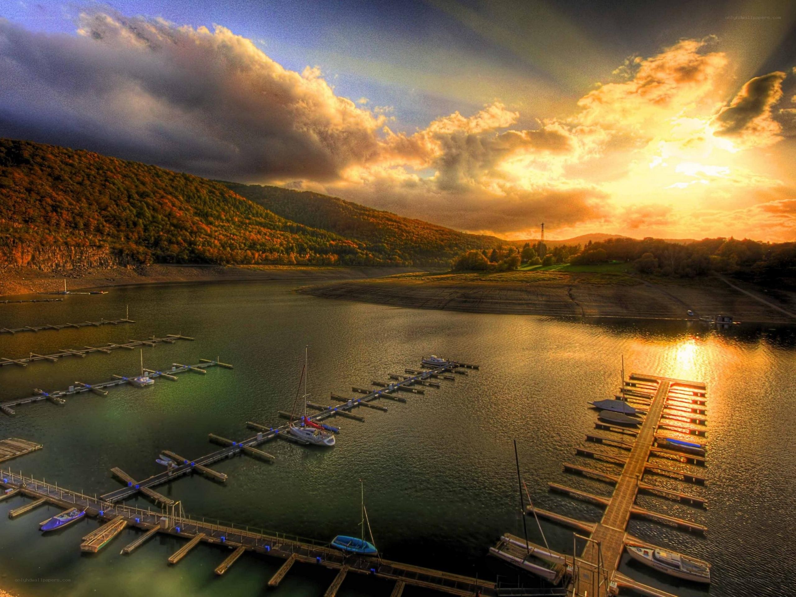 Sunset at a lakeside marina