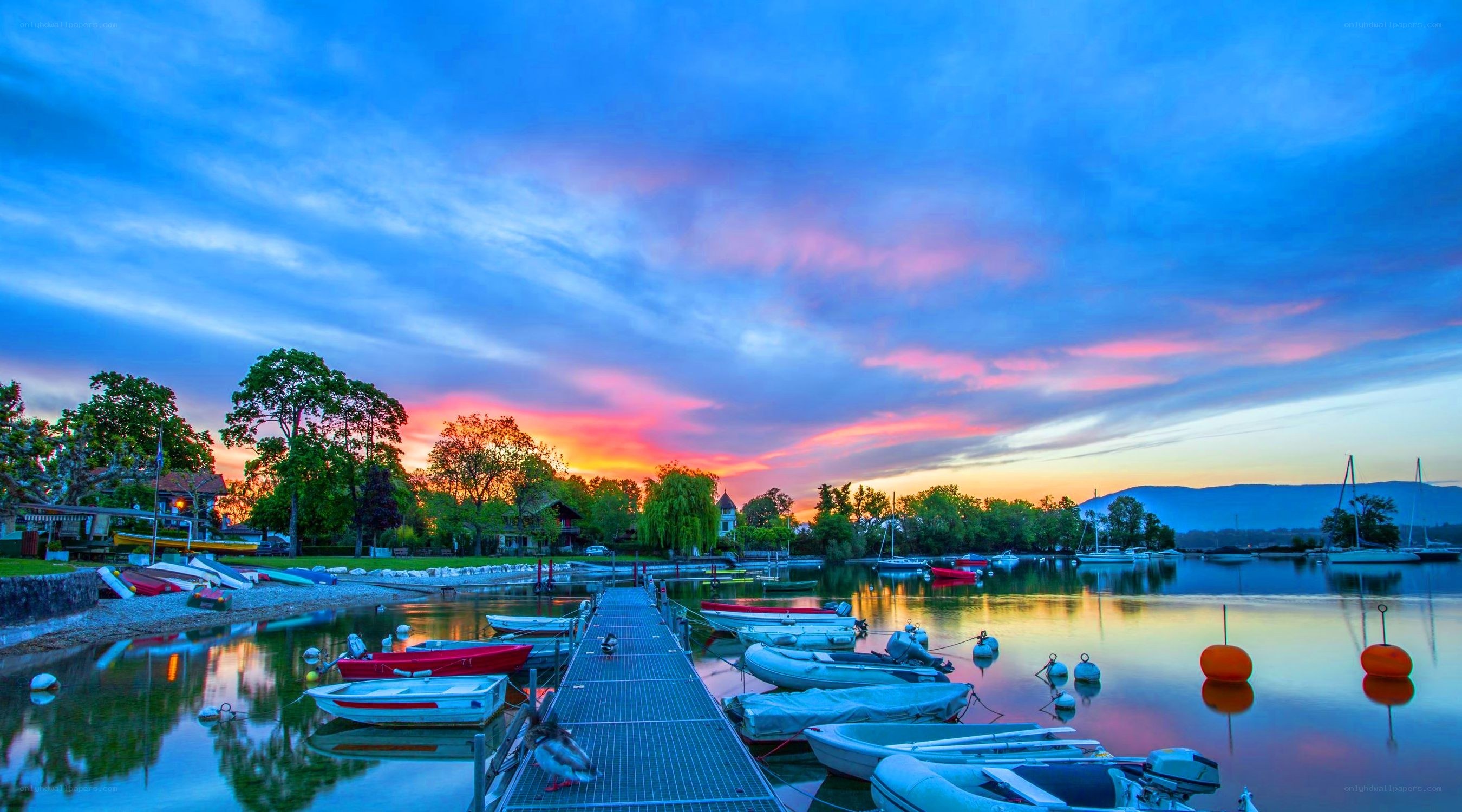 sunset at a lakeside marina