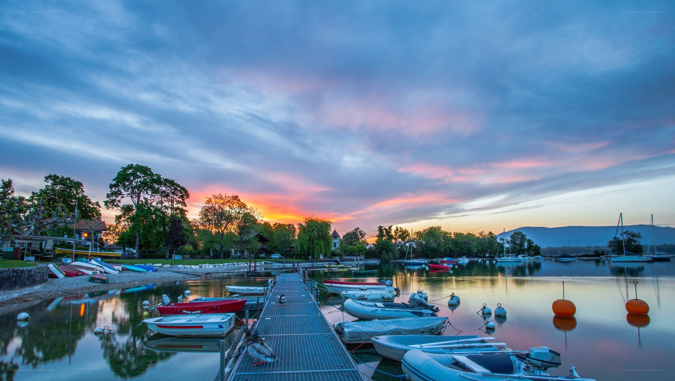 Sunset at a lakeside marina