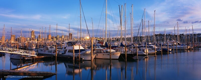 Sunset at a marina with city skyline