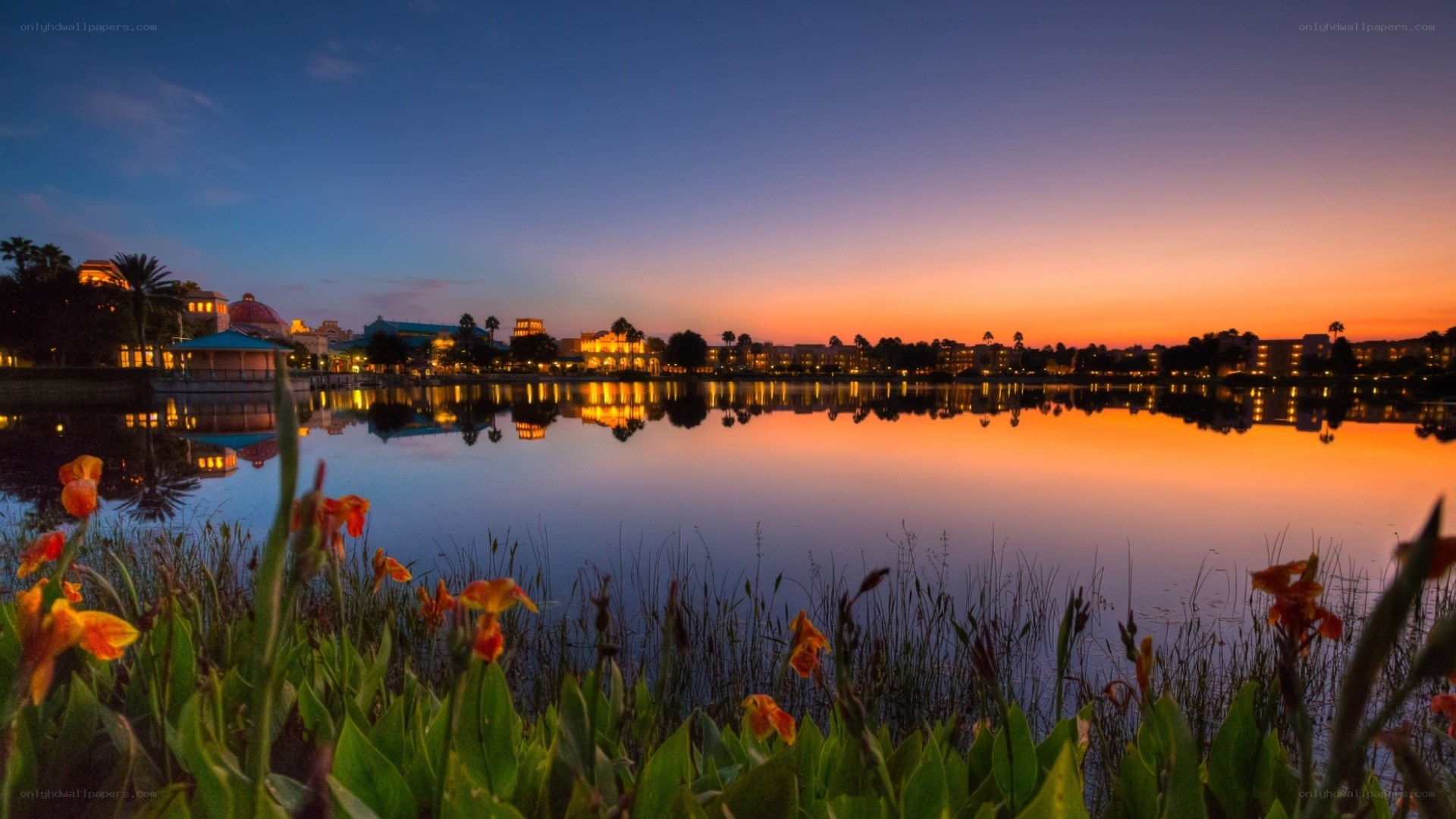 sunset at a resort lake