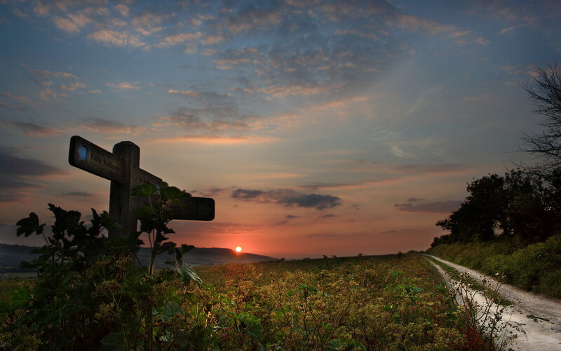 Sunset at a rural crossroads