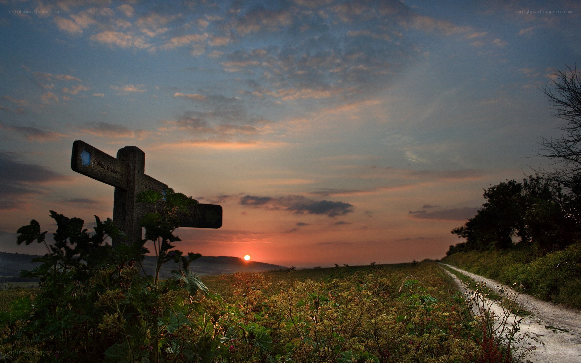 Sunset at a rural crossroads
