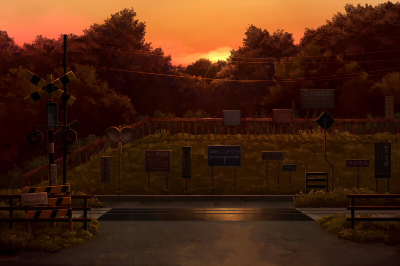 Sunset at a rural railroad crossing