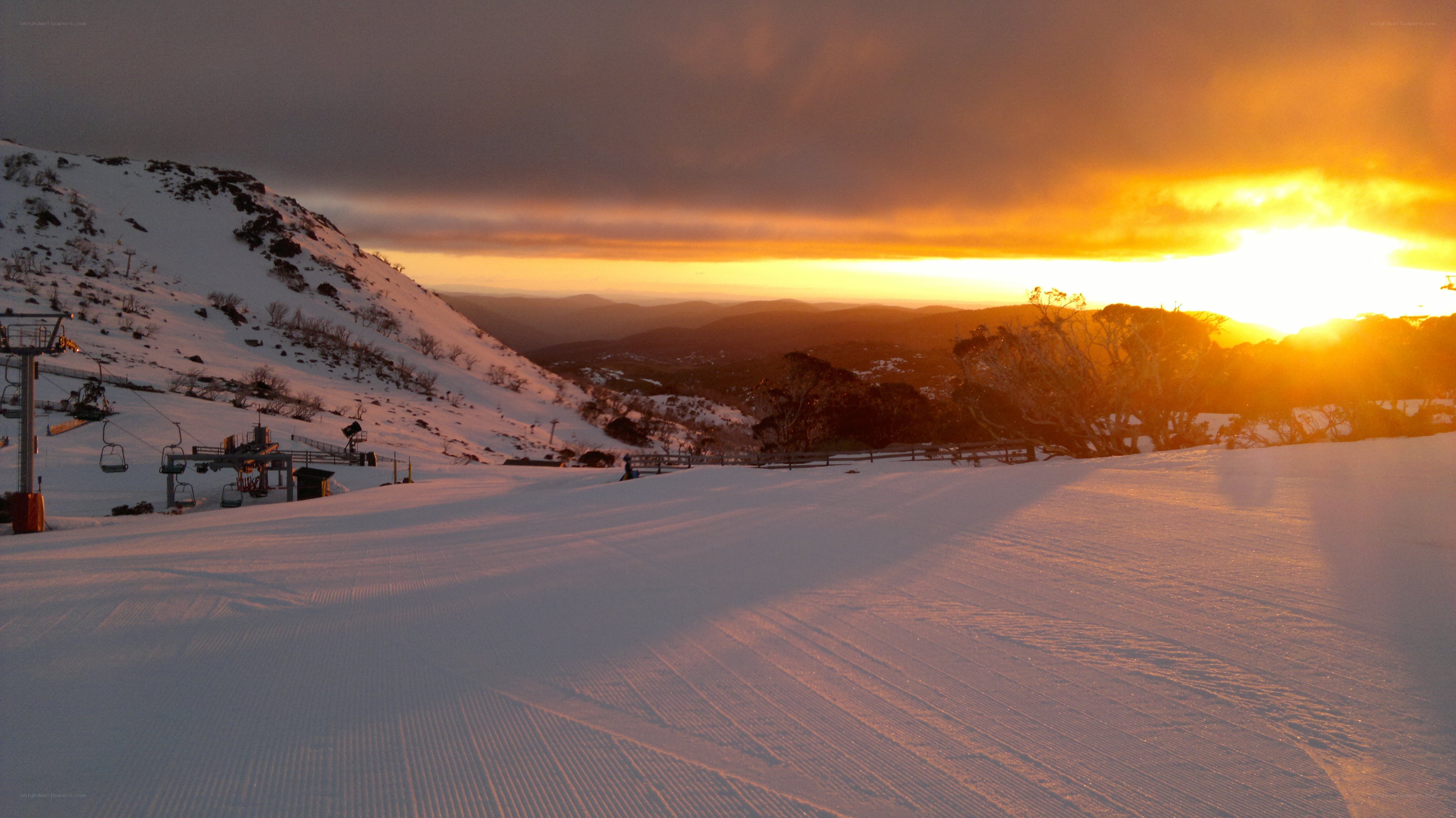 Sunset at a snowy ski resort