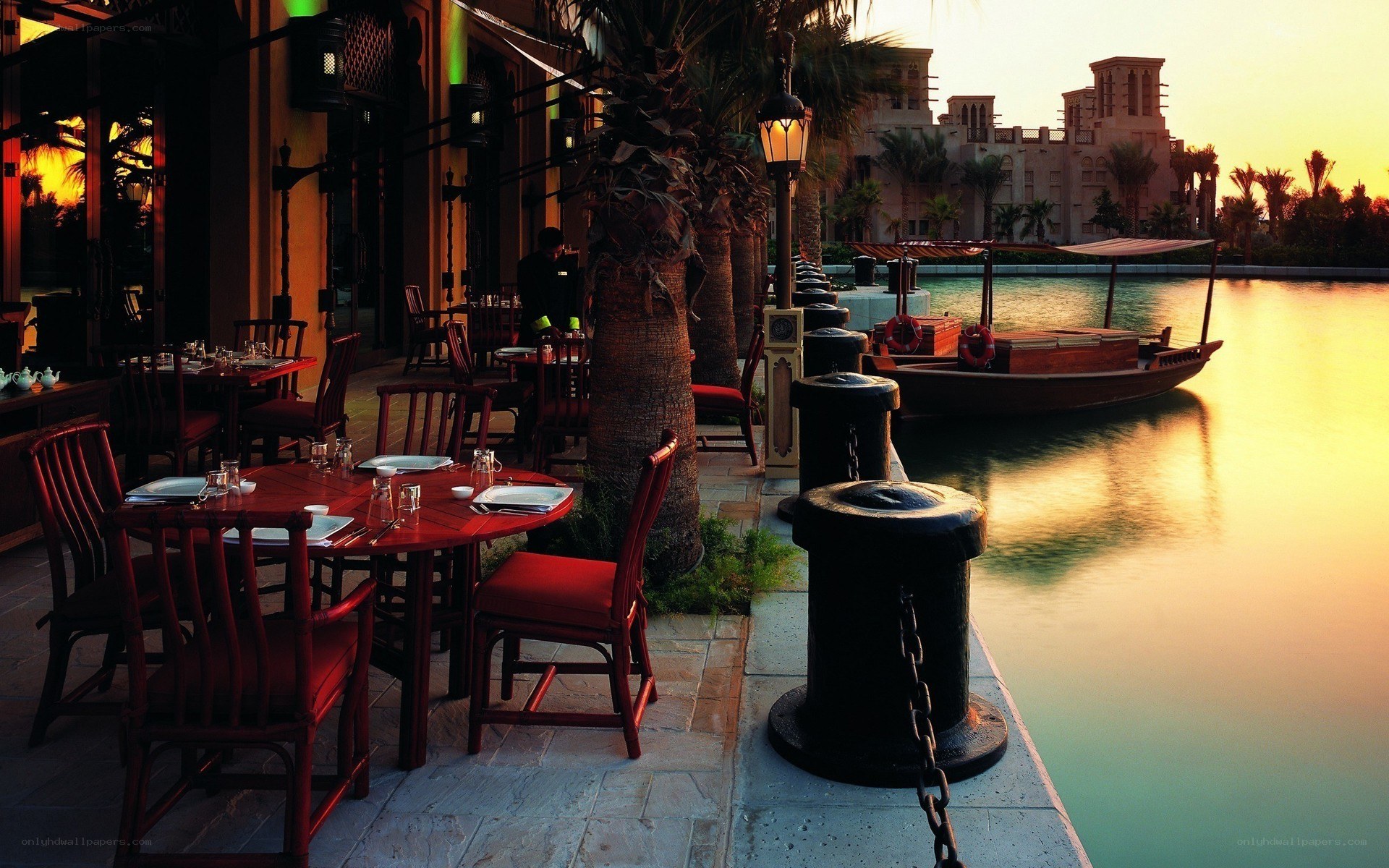 Sunset at a waterfront restaurant