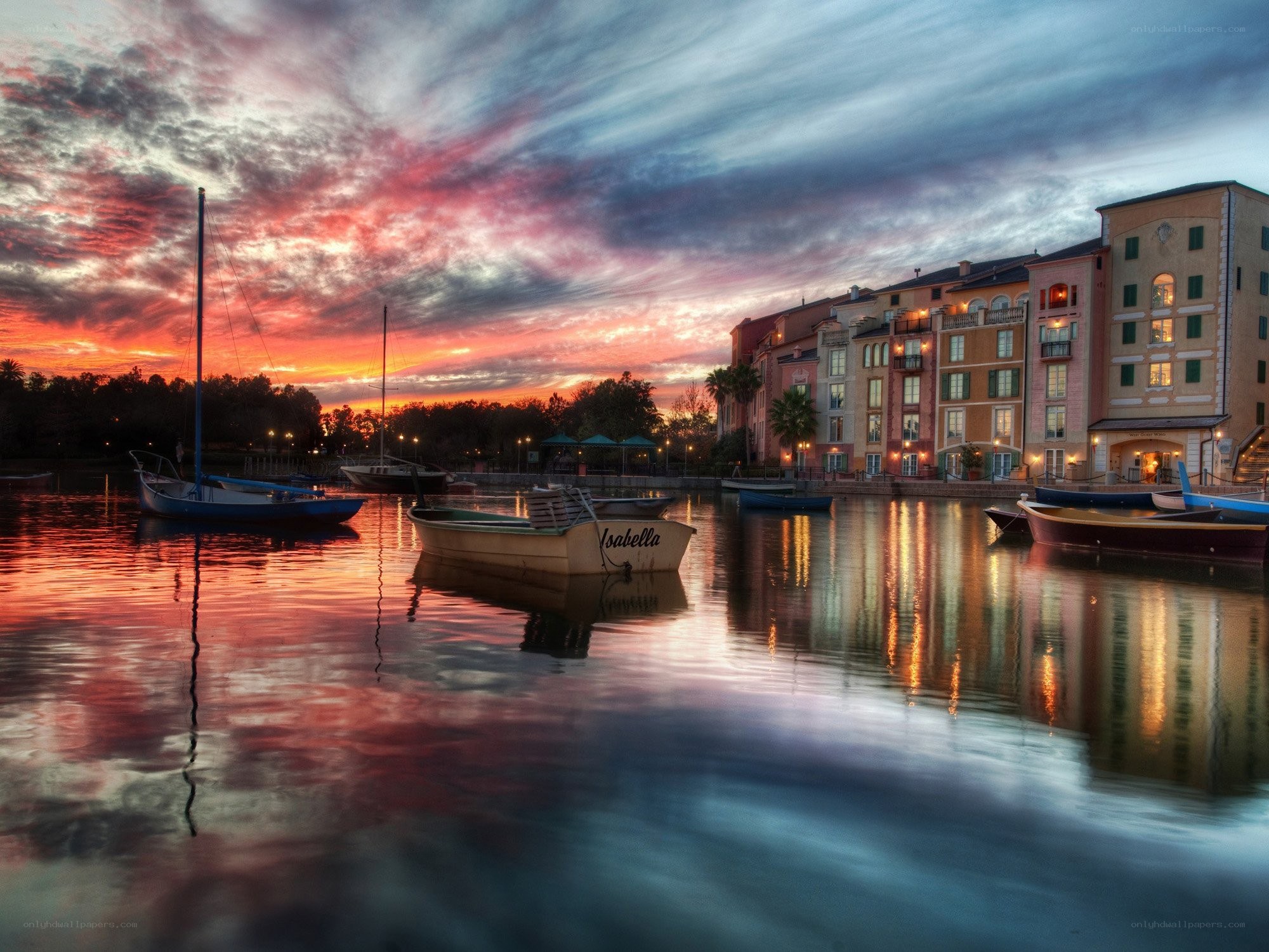 Sunset at a waterfront village