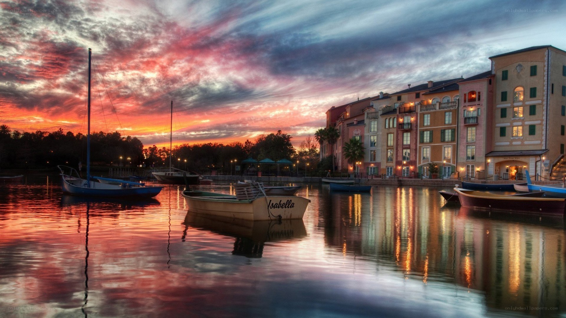 sunset at a waterfront village