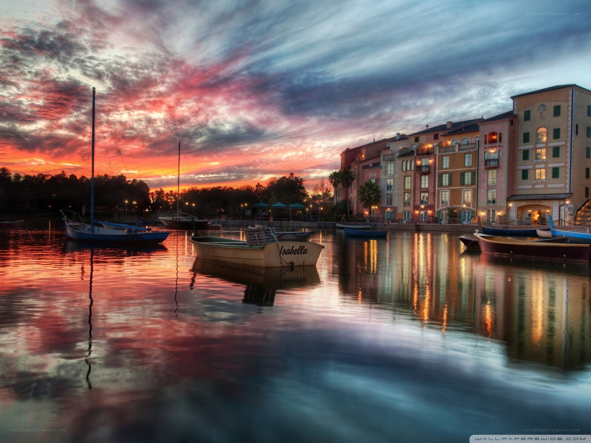 sunset at a waterfront village
