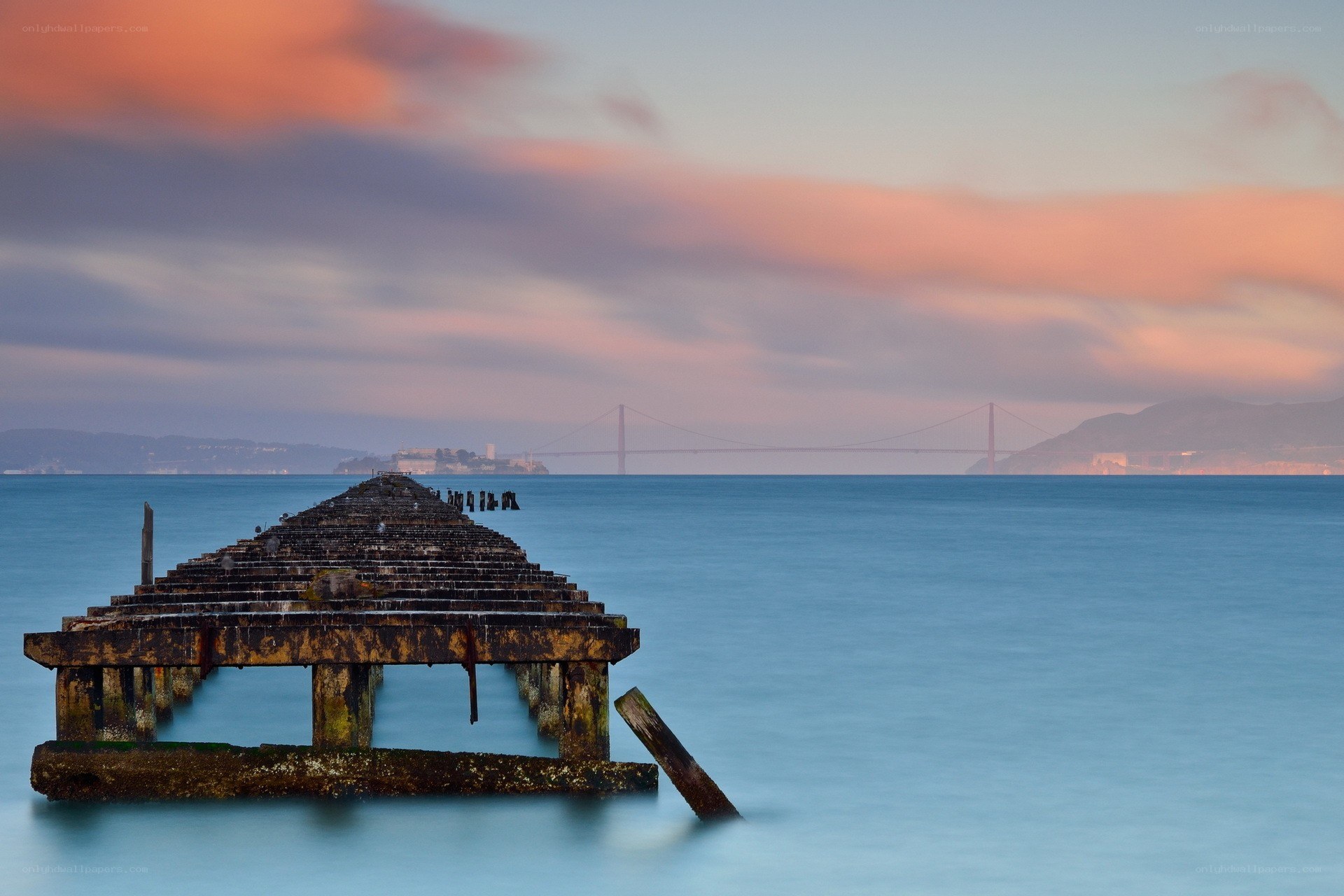 Sunset at Alcatraz with Golden Gate Bridge