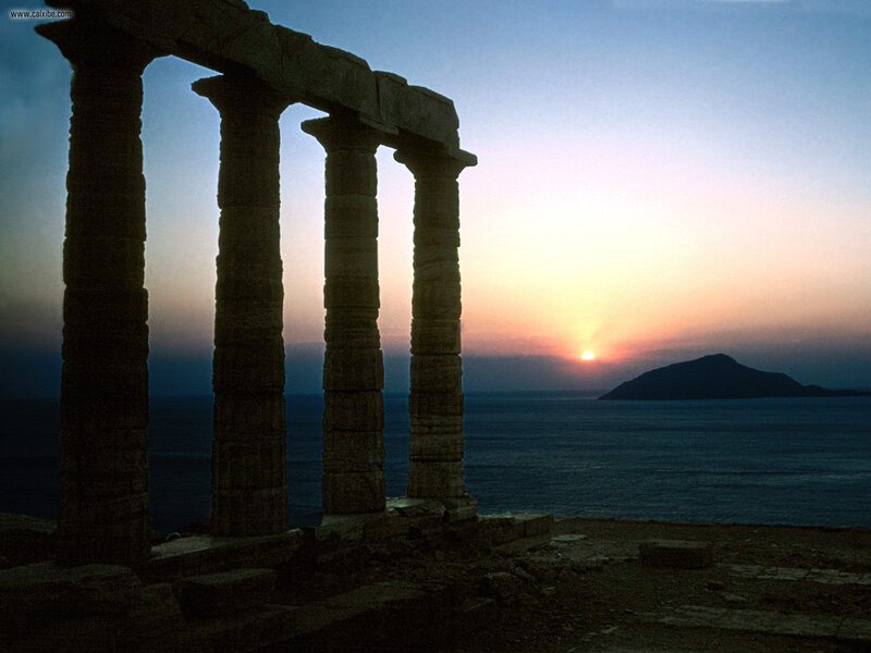 Sunset at ancient temple ruins