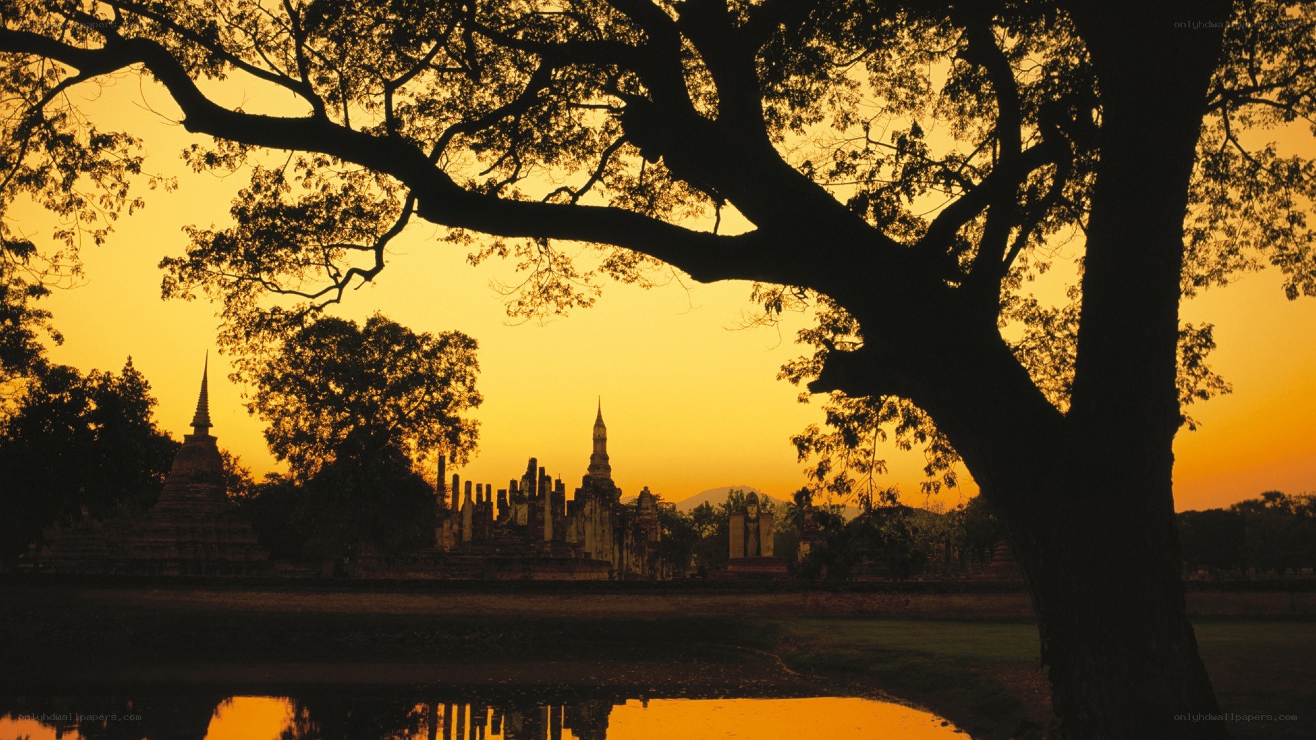 Sunset at ancient temple ruins