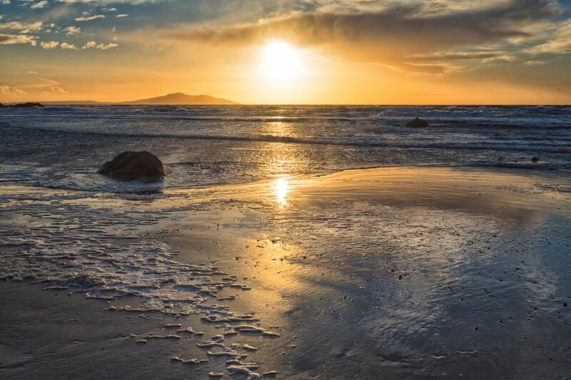 Sunset at Beach — Gold, Serene, Photograph, Ocean, Rocks