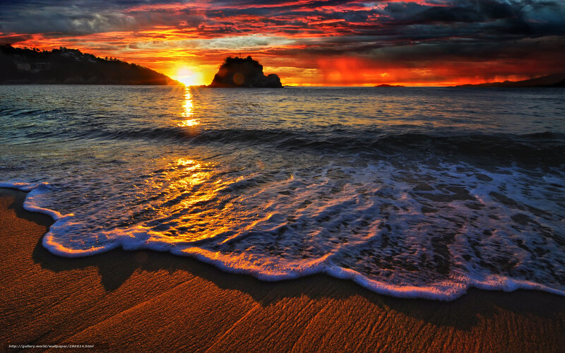 Sunset at Beach — Orange, Dramatic, Photograph, Ocean, Rock Formation