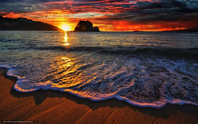 Sunset at Beach — Orange, Dramatic, Photograph, Ocean, Rock