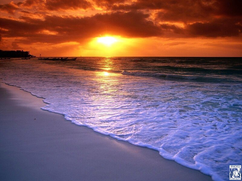 Sunset at Beach — Orange, Dramatic, Photograph, Ocean, Sand, Boats