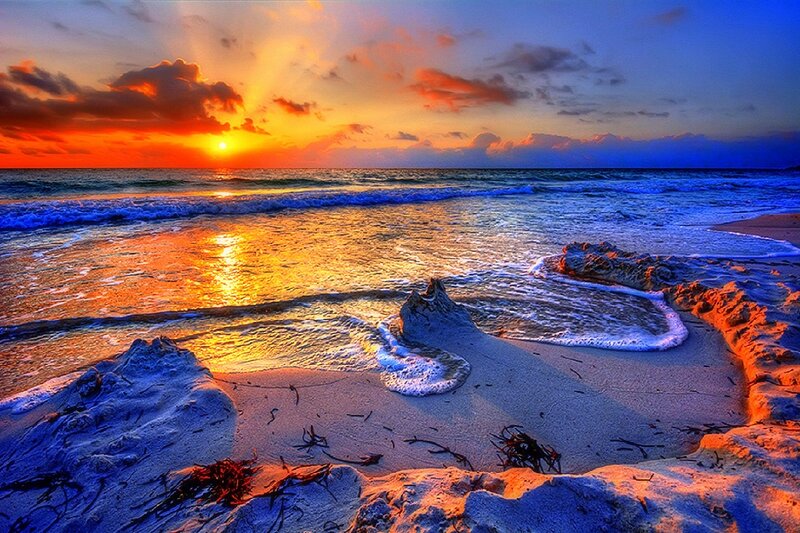 Sunset at Beach — Orange, Dramatic, Photograph, Ocean, Sand