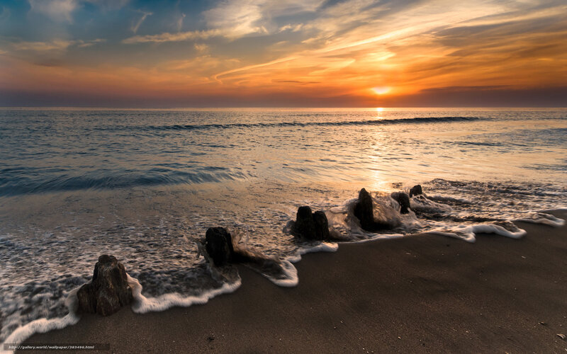 Sunset at Beach — Orange, Serene, Photograph, Ocean, Sand, Rocks