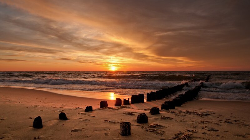 Sunset at Beach — Orange, Serene, Photograph, Ocean, Sand
