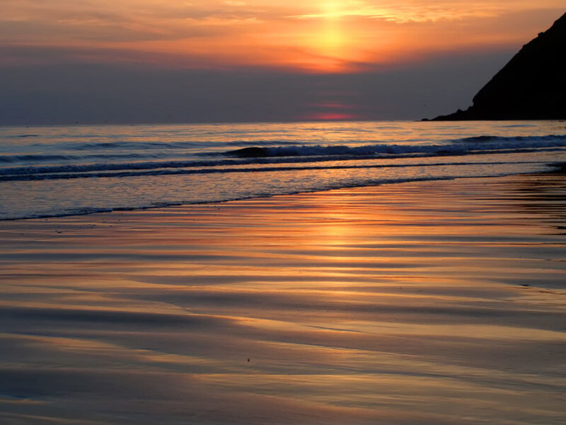 Sunset at Beach — Orange, Serene, Photograph, Ocean, Waves