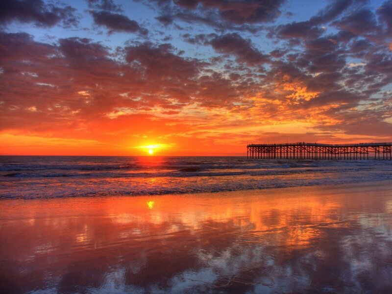 Sunset at Beach Pier — Orange, Dramatic, Photograph, Ocean, Sky