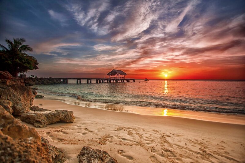 Sunset at Beach Pier — Orange, Dramatic, Photograph, Palms