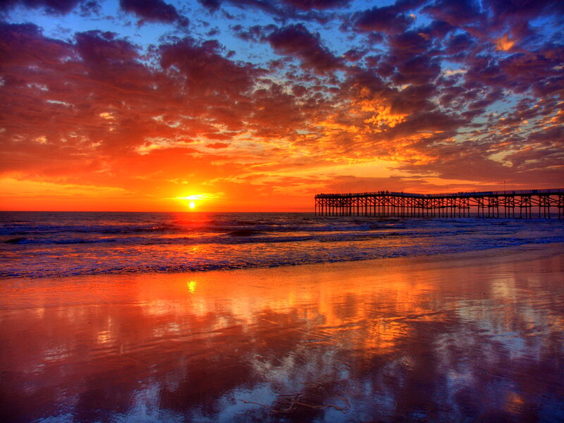 Sunset at Beach Pier — Orange, Dramatic, Photograph
