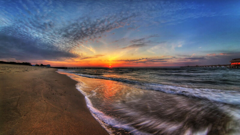 Sunset at Beach with Pier — Blue, Dramatic, Photograph, Ocean, Sand, Clouds