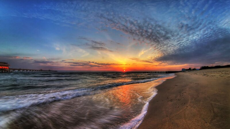 Sunset at Beach with Pier — Blue, Dramatic, Photograph, Ocean