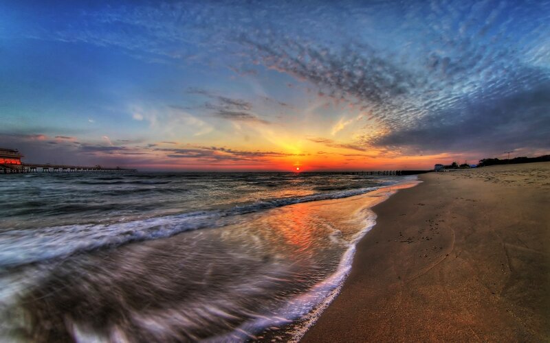 Sunset at Beach with Pier — Blue, Dramatic, Photograph