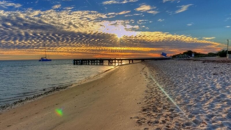Sunset at Beach with Pier — Blue, Serene