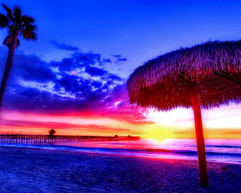 Sunset at Beach with Pier — Blue