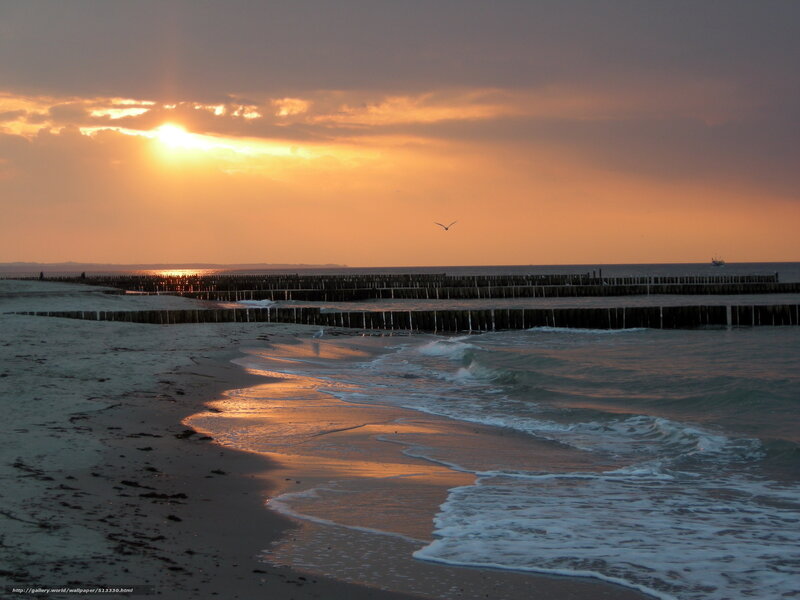 Sunset at Beach with Pier — Orange, Serene, Photograph, Sun