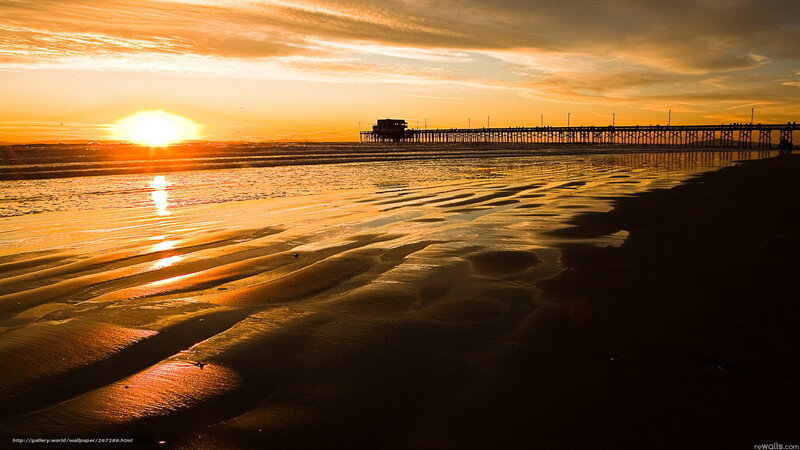 Sunset at Beach with Pier — Orange, Serene, Photograph