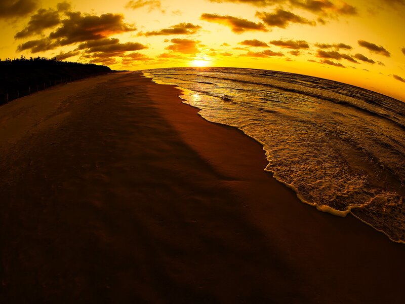 Sunset at Beach — Yellow, Serene, Photograph, Ocean, Sand, Clouds
