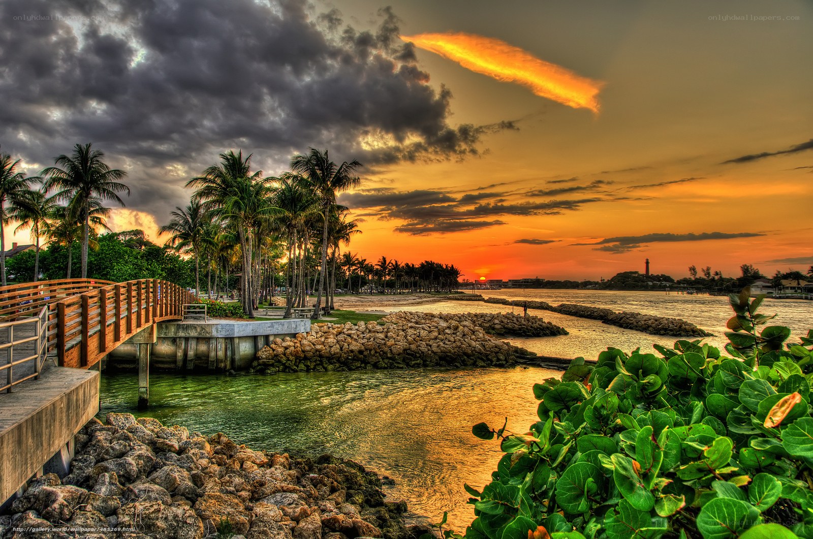sunset at coastal boardwalk