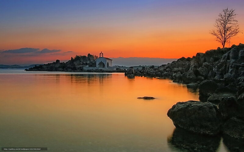 Sunset at coastal chapel