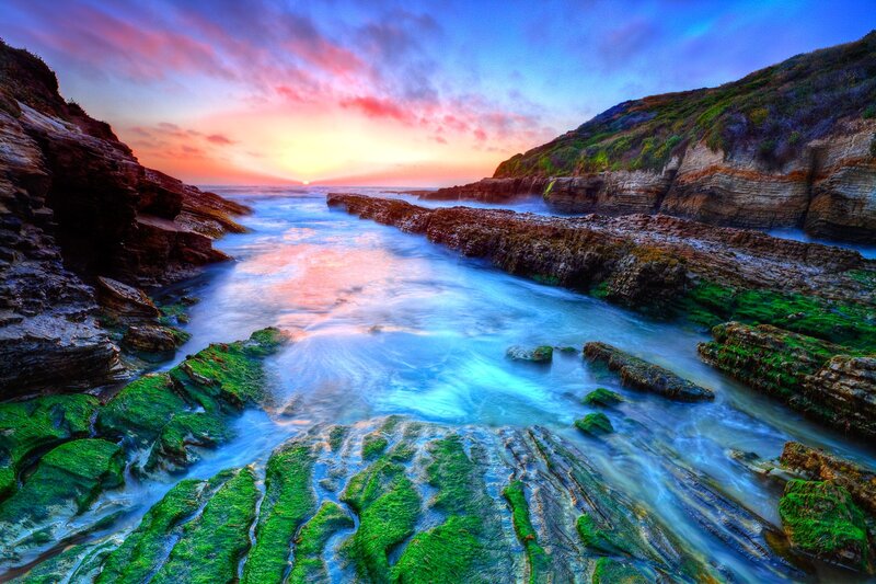 Sunset at coastal rock formations