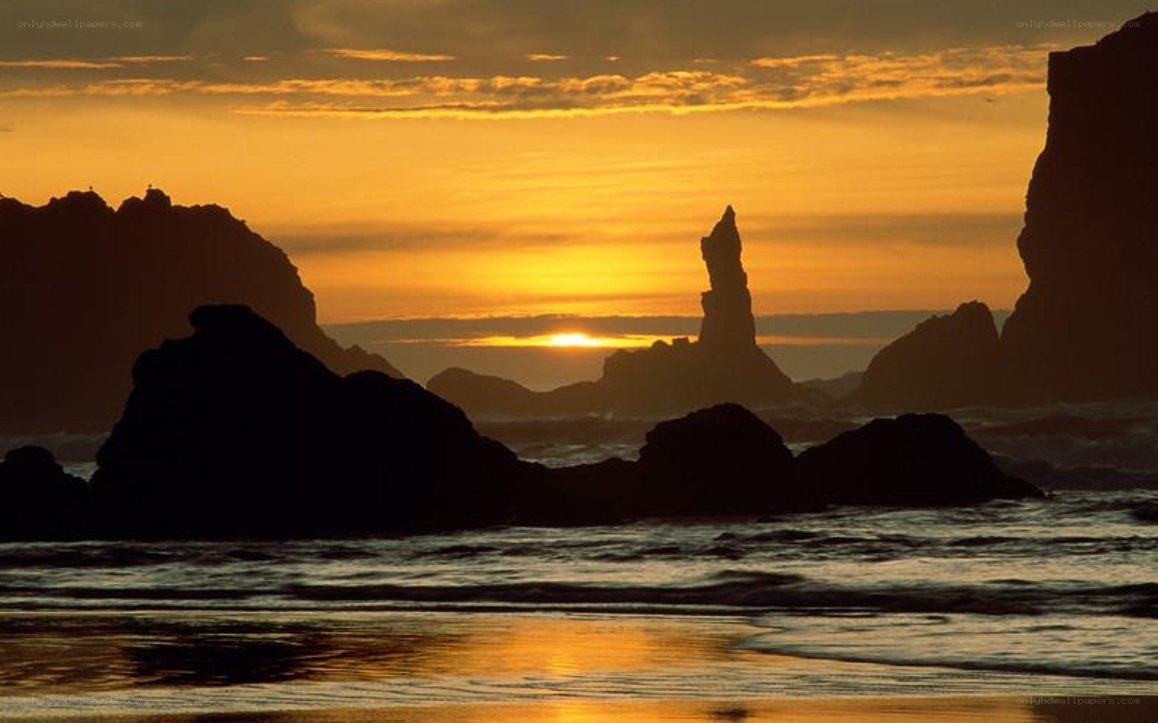 Sunset at coastal rock formations