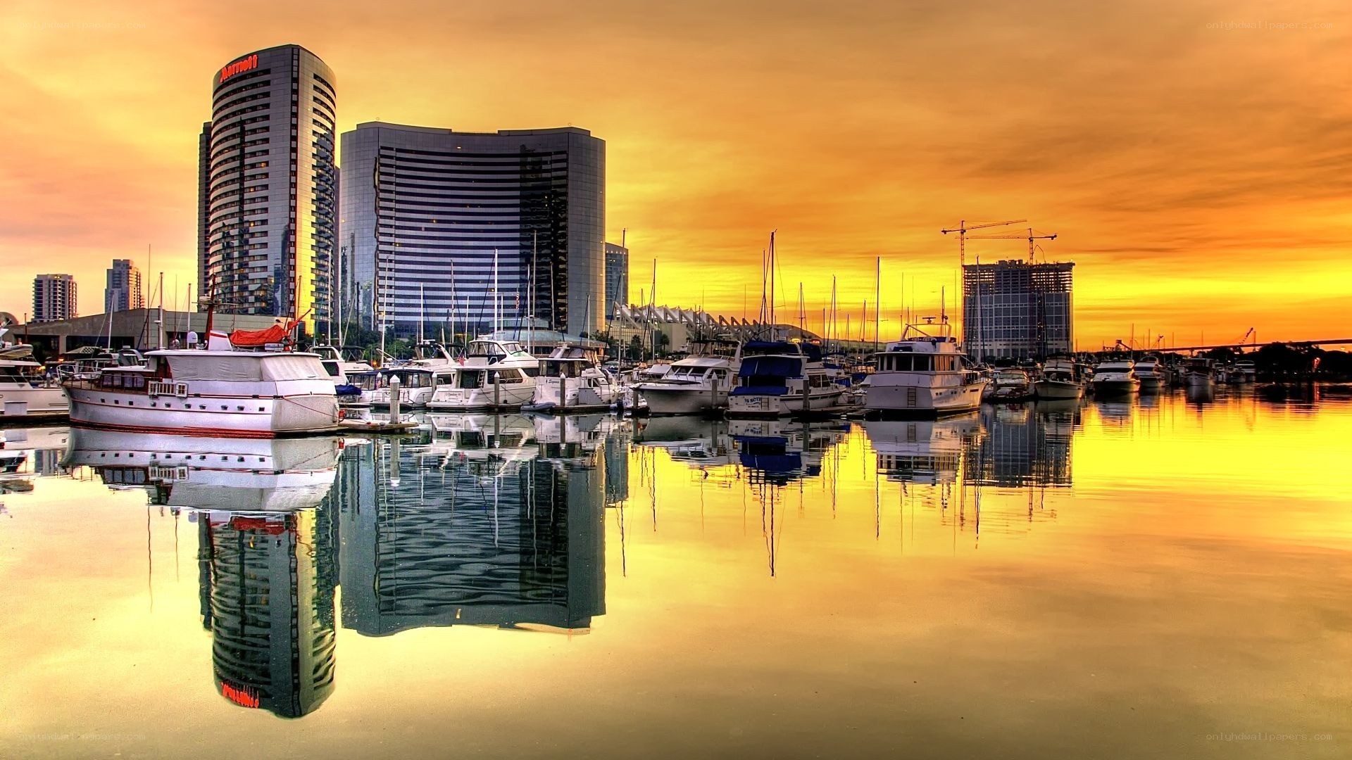 Sunset at marina with city skyline