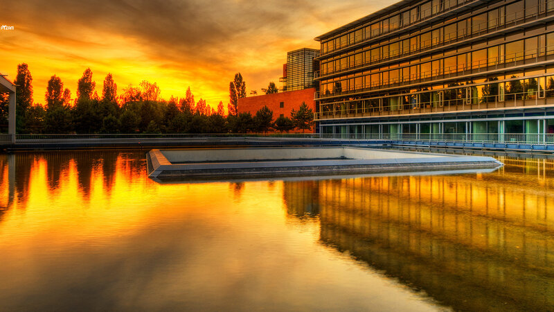 Sunset at modern office complex