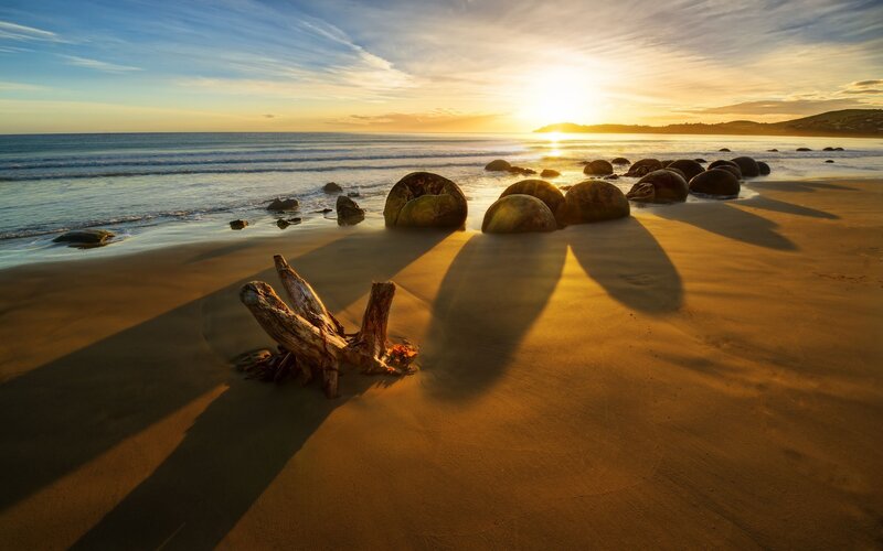 Sunset at Moeraki Boulders
