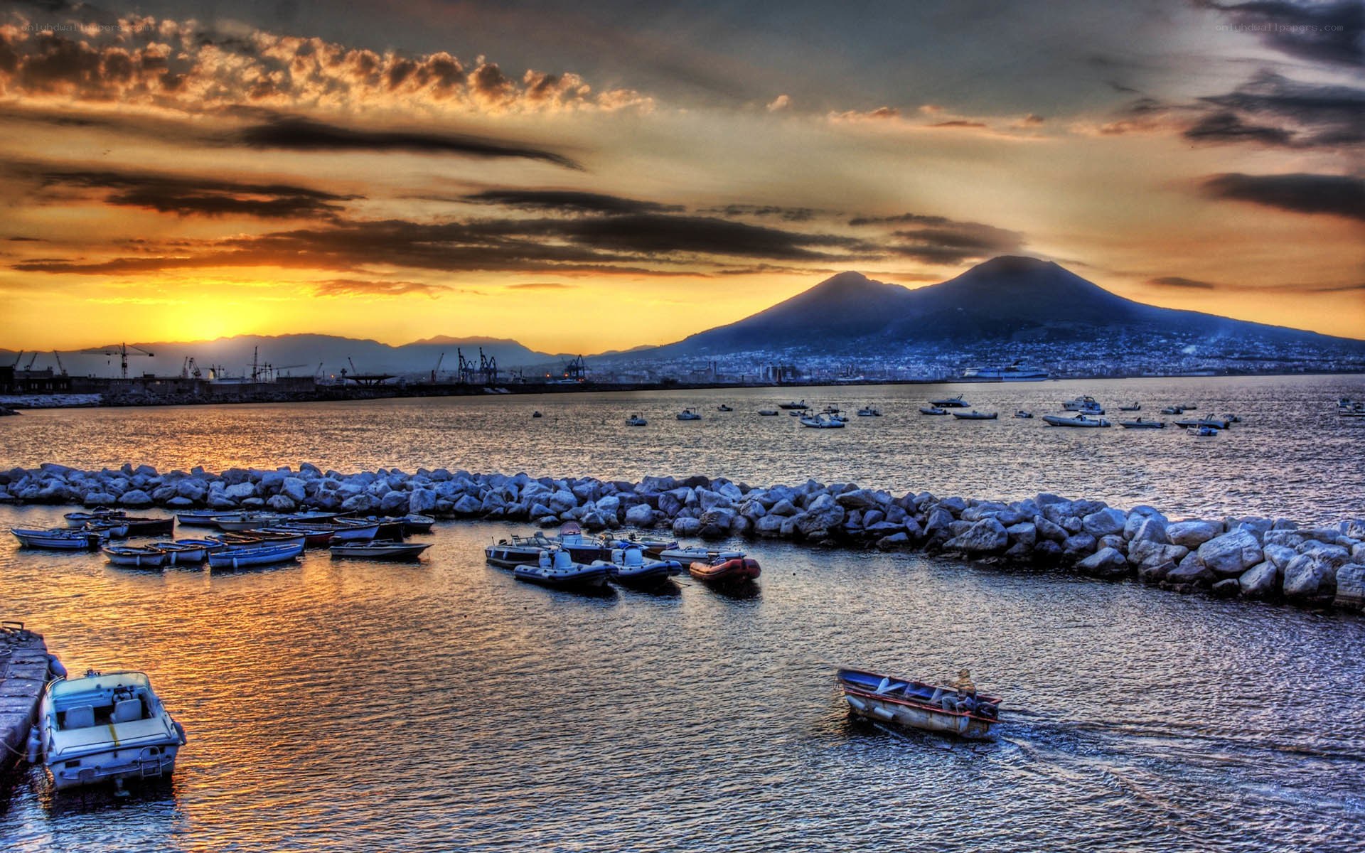 Sunset at Naples harbor with Vesuvius
